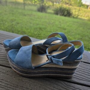 Blue Strappy Wedge Sandals